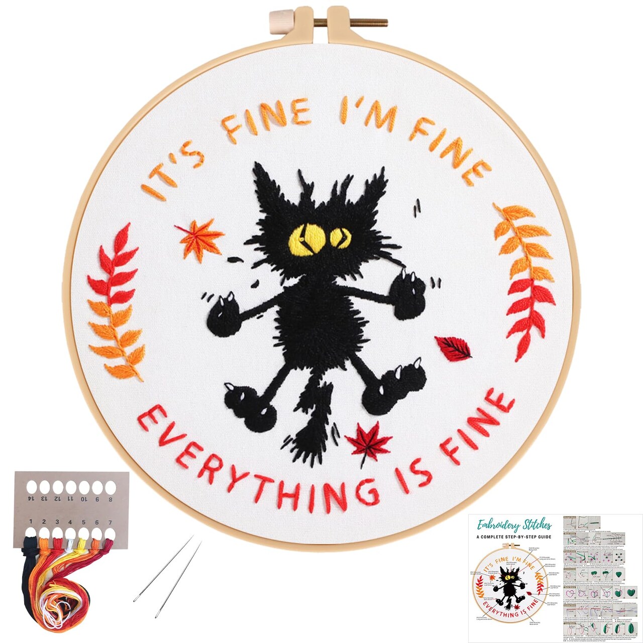 Louise Maelys Cute Cat Embroidery Kits for Beginners with Funny Animal Pattern,Adults Starter Cross Stitch Kit DIY Needlepoint Everything is Fine